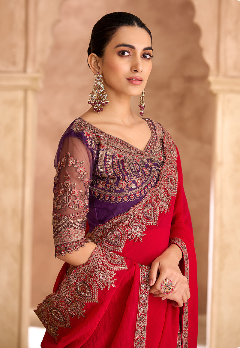 Monjolika Fashion Embroidered Faux Georgette Satin Red Saree | Grocsy