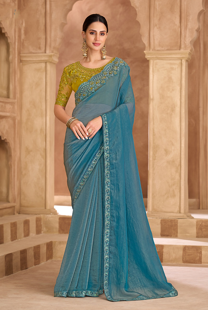 Monjolika Fashion Embroidered Faux Georgette Sky Blue Saree | Grocsy