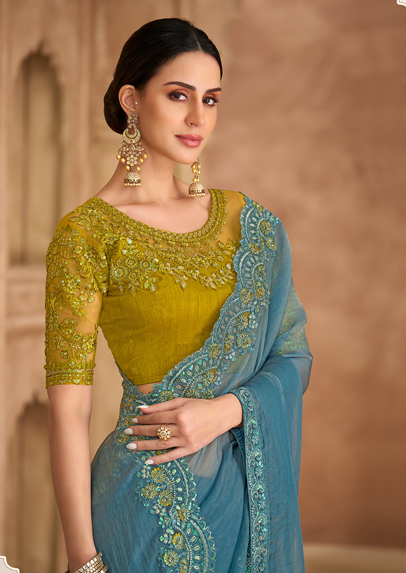 Monjolika Fashion Embroidered Faux Georgette Sky Blue Saree | Grocsy