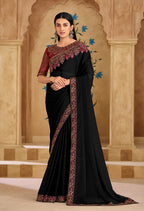 Monjolika Fashion Embroidered Faux Georgette Black Saree | Grocsy