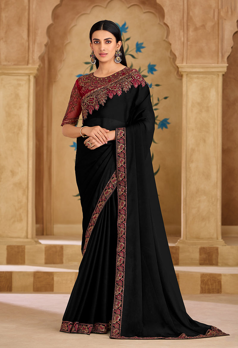Monjolika Fashion Embroidered Faux Georgette Black Saree | Grocsy