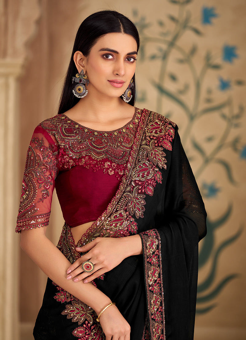 Monjolika Fashion Embroidered Faux Georgette Black Saree | Grocsy