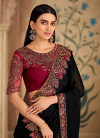 Monjolika Fashion Embroidered Faux Georgette Black Saree | Grocsy