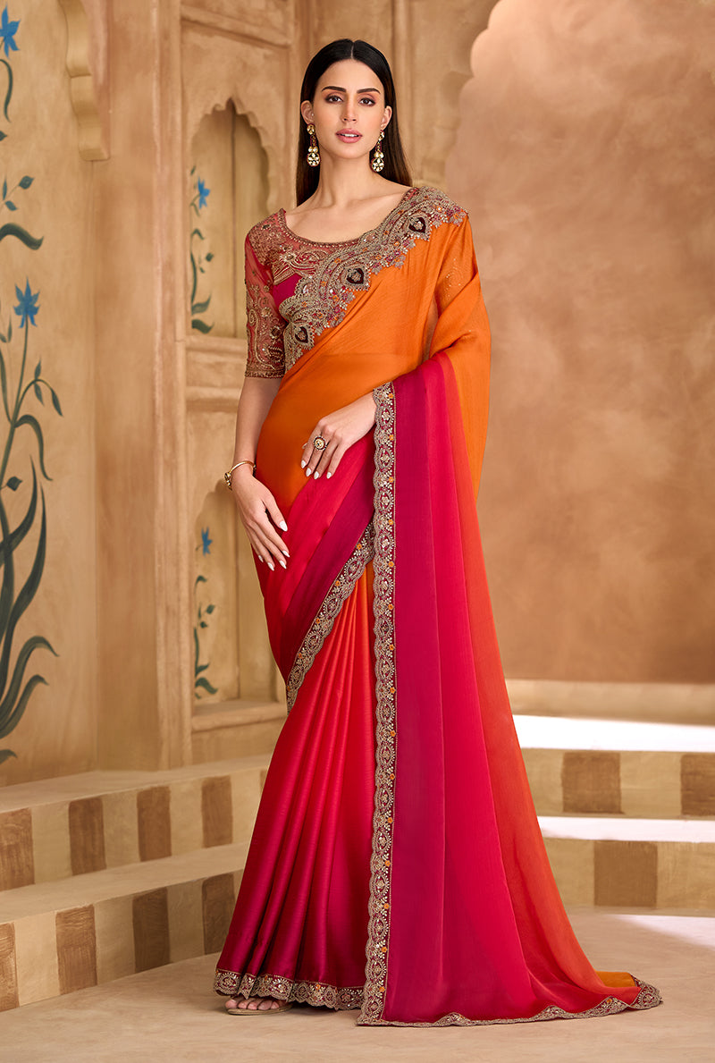 Monjolika Fashion Embroidered Faux Chiffon Satin Orange & Rani Pink Saree | Grocsy