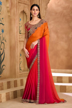 Monjolika Fashion Embroidered Faux Chiffon Satin Orange & Rani Pink Saree | Grocsy