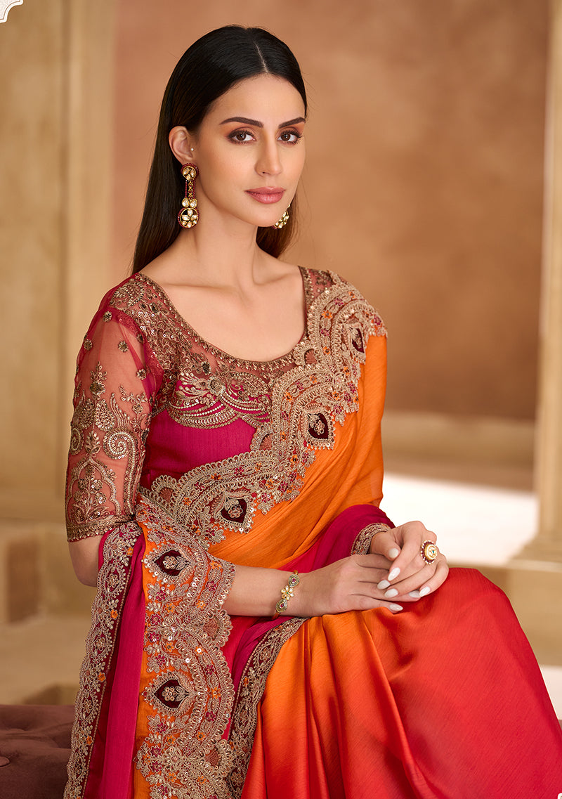 Monjolika Fashion Embroidered Faux Chiffon Satin Orange & Rani Pink Saree | Grocsy