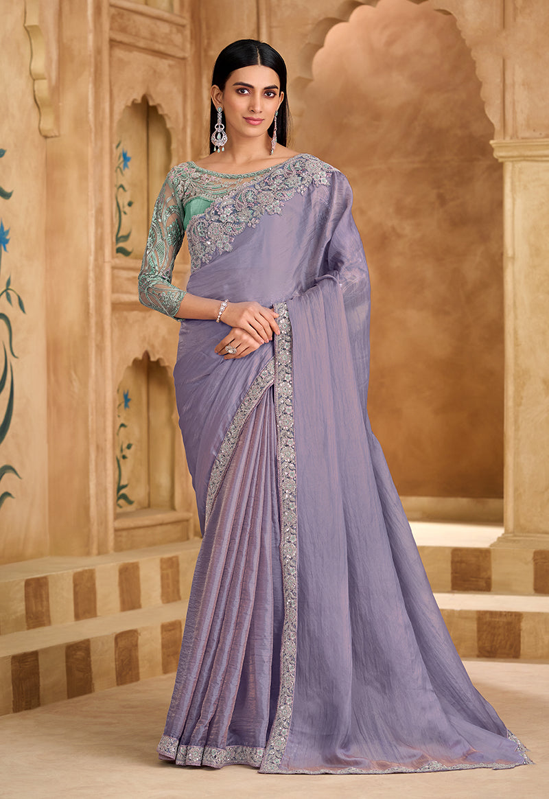 Monjolika Fashion Embroidered Faux Chiffon Lavender Saree | Grocsy