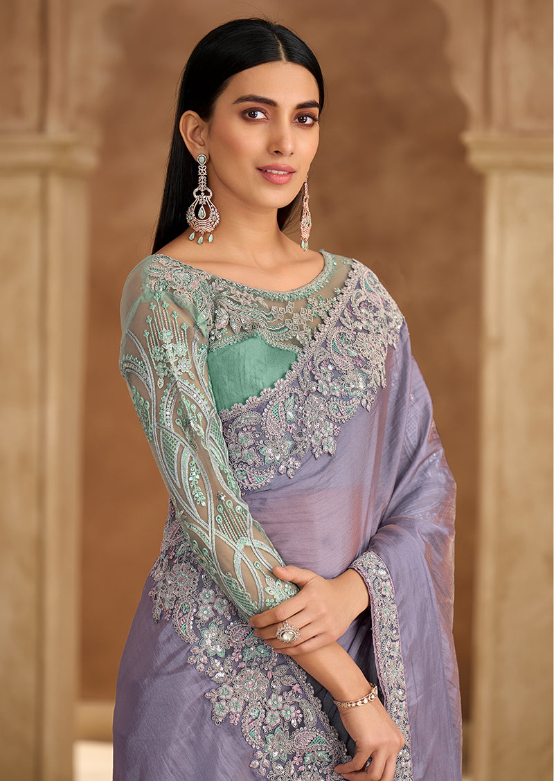 Monjolika Fashion Embroidered Faux Chiffon Lavender Saree | Grocsy