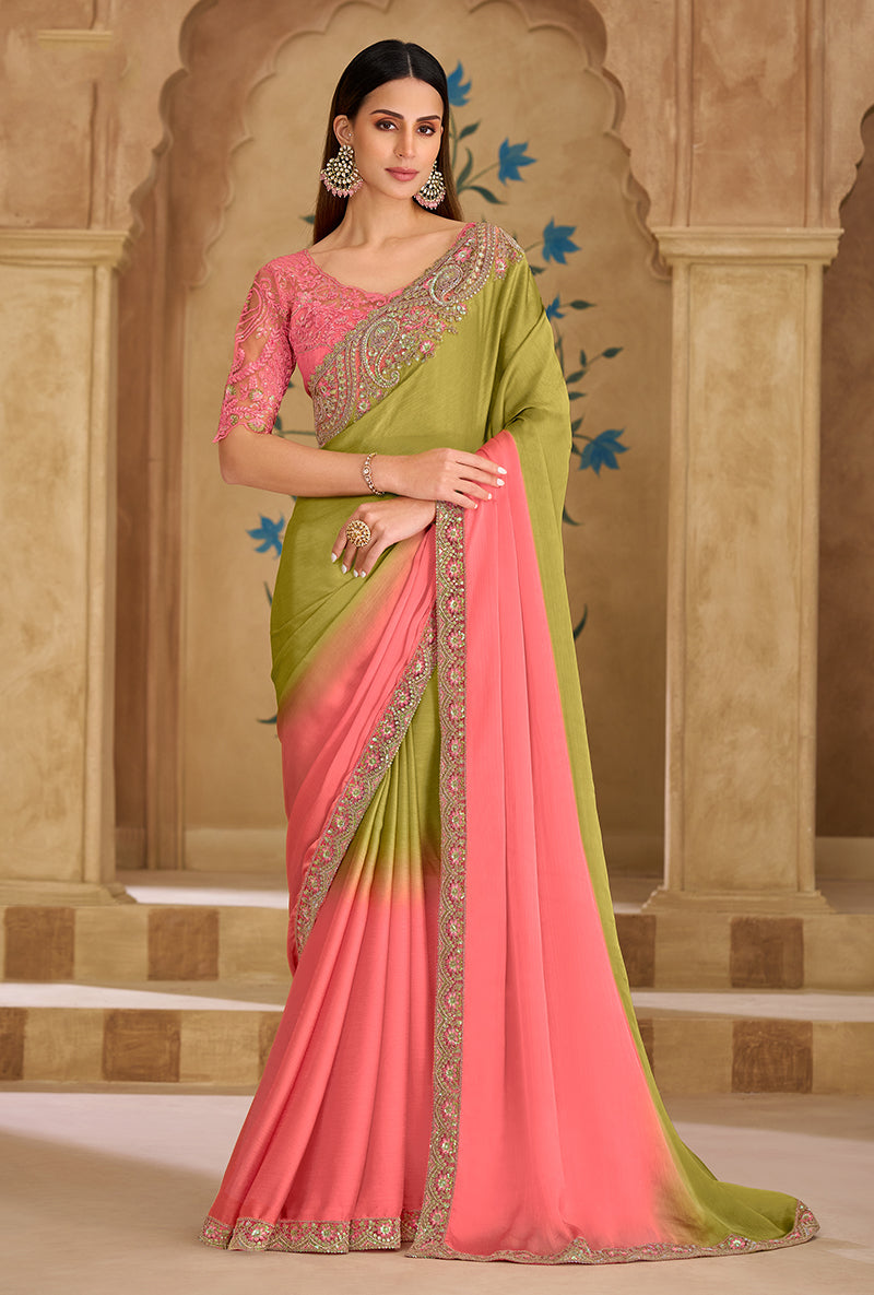 Monjolika Fashion Embroidered Faux Georgette Parrot Green & Pink Saree | Grocsy