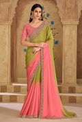 Monjolika Fashion Embroidered Faux Georgette Parrot Green & Pink Saree | Grocsy