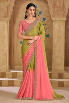 Monjolika Fashion Embroidered Faux Georgette Parrot Green & Pink Saree | Grocsy
