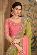 Monjolika Fashion Embroidered Faux Georgette Parrot Green & Pink Saree | Grocsy