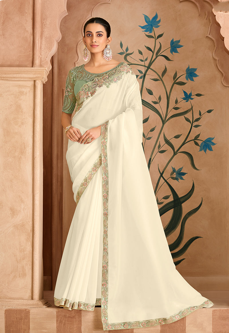 Monjolika Fashion Embroidered Faux Chiffon Satin Off White Saree | Grocsy