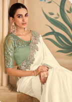 Monjolika Fashion Embroidered Faux Chiffon Satin Off White Saree | Grocsy