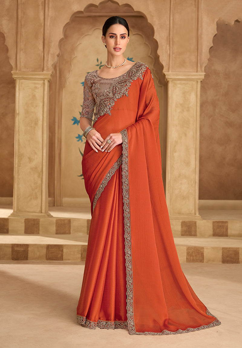Monjolika Fashion Embroidered Faux Chiffon Satin Orange Saree | Grocsy