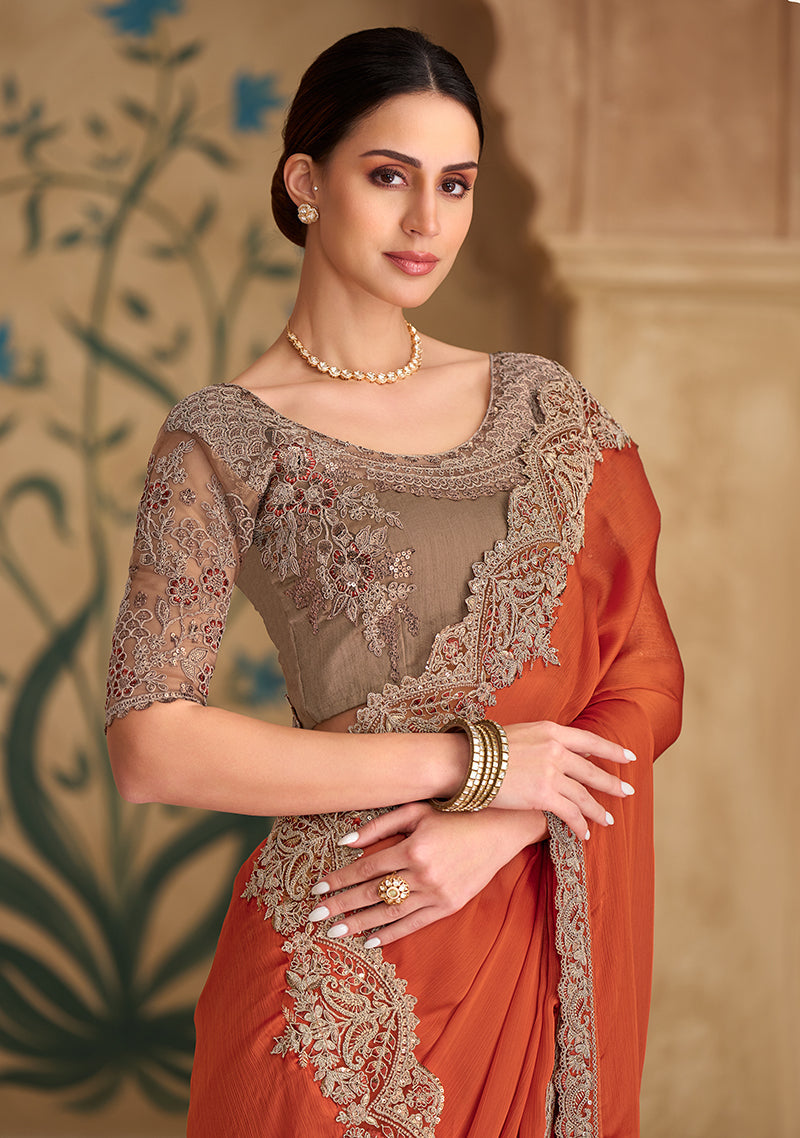 Monjolika Fashion Embroidered Faux Chiffon Satin Orange Saree | Grocsy