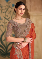 Monjolika Fashion Embroidered Faux Chiffon Satin Orange Saree | Grocsy