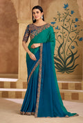 Monjolika Fashion Embroidered Faux Chiffon Teal Green & Blue Saree | Grocsy