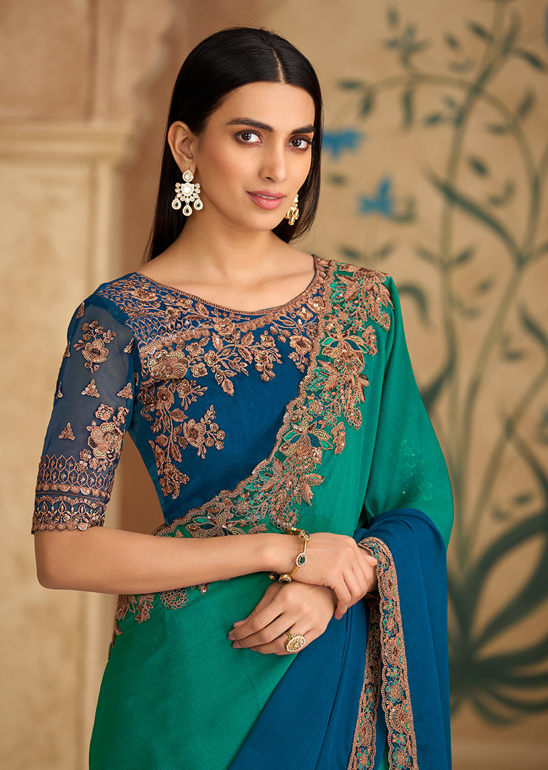 Monjolika Fashion Embroidered Faux Chiffon Teal Green & Blue Saree | Grocsy