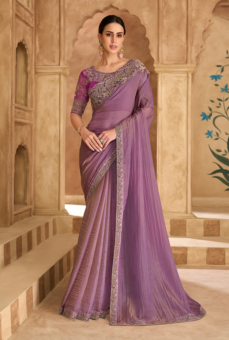 Monjolika Fashion Embroidered Faux Georgette Onion Pink Saree | Grocsy