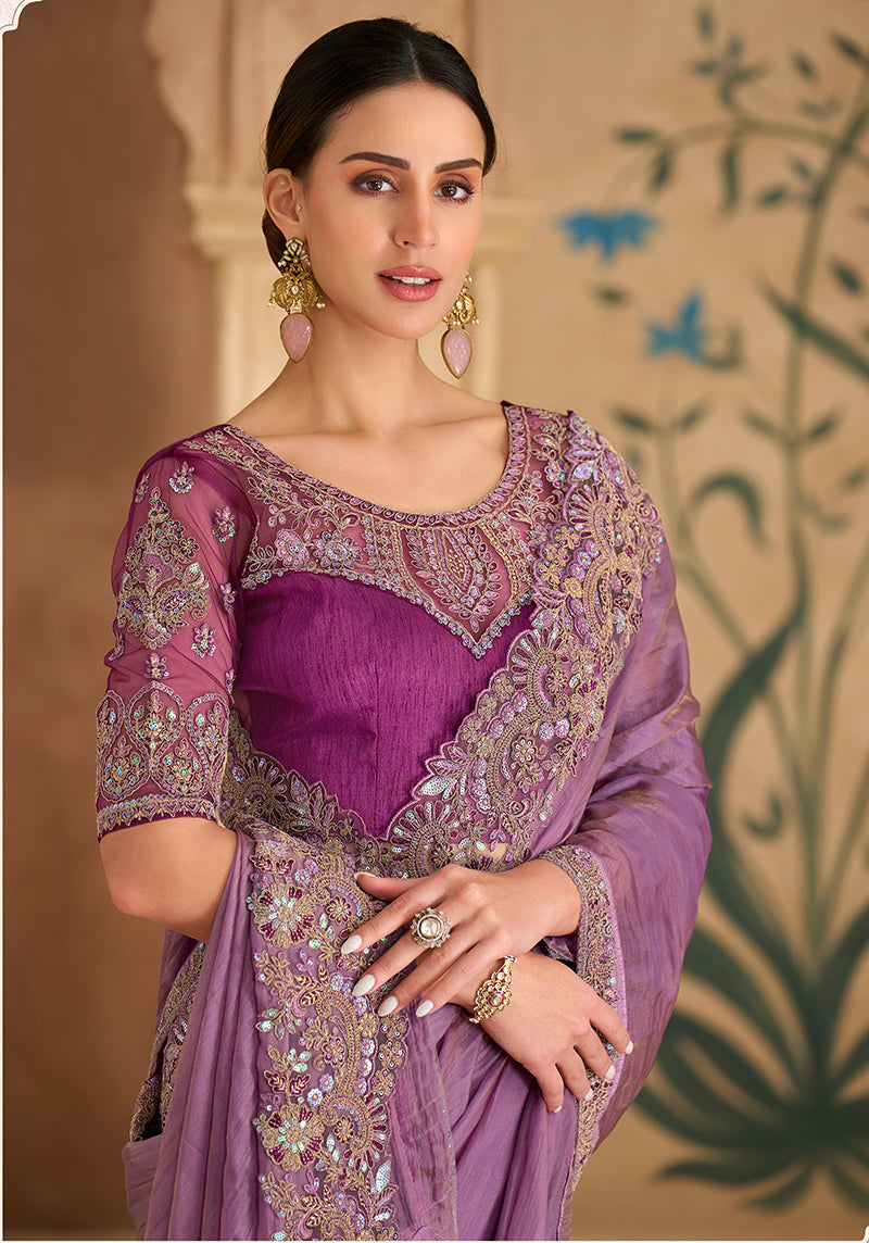 Monjolika Fashion Embroidered Faux Georgette Onion Pink Saree | Grocsy