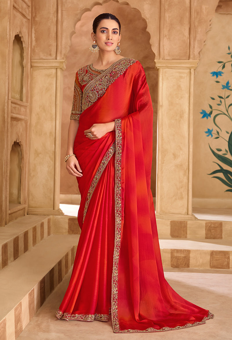 Monjolika Fashion Embroidered Faux Chiffon Shaded Red Saree | Grocsy