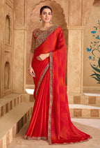 Monjolika Fashion Embroidered Faux Chiffon Shaded Red Saree | Grocsy