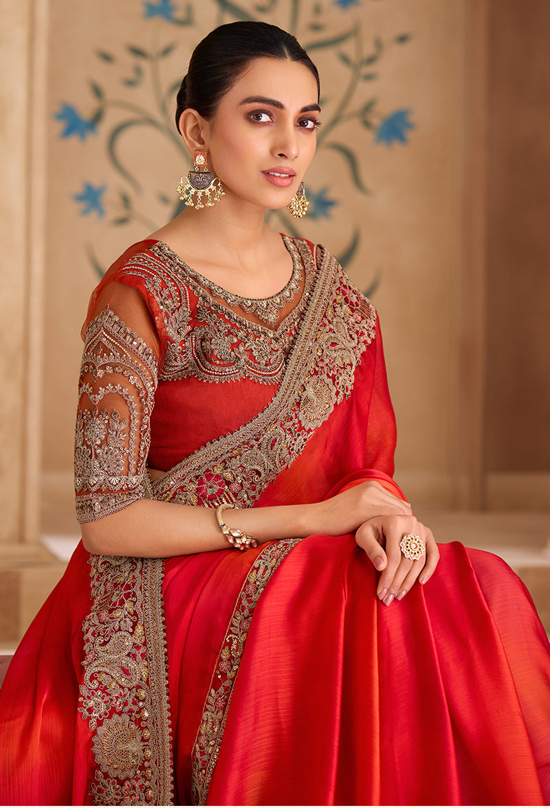 Monjolika Fashion Embroidered Faux Chiffon Shaded Red Saree | Grocsy