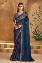 Monjolika Fashion Embroidered Faux Georgette Navy Blue Saree | Grocsy