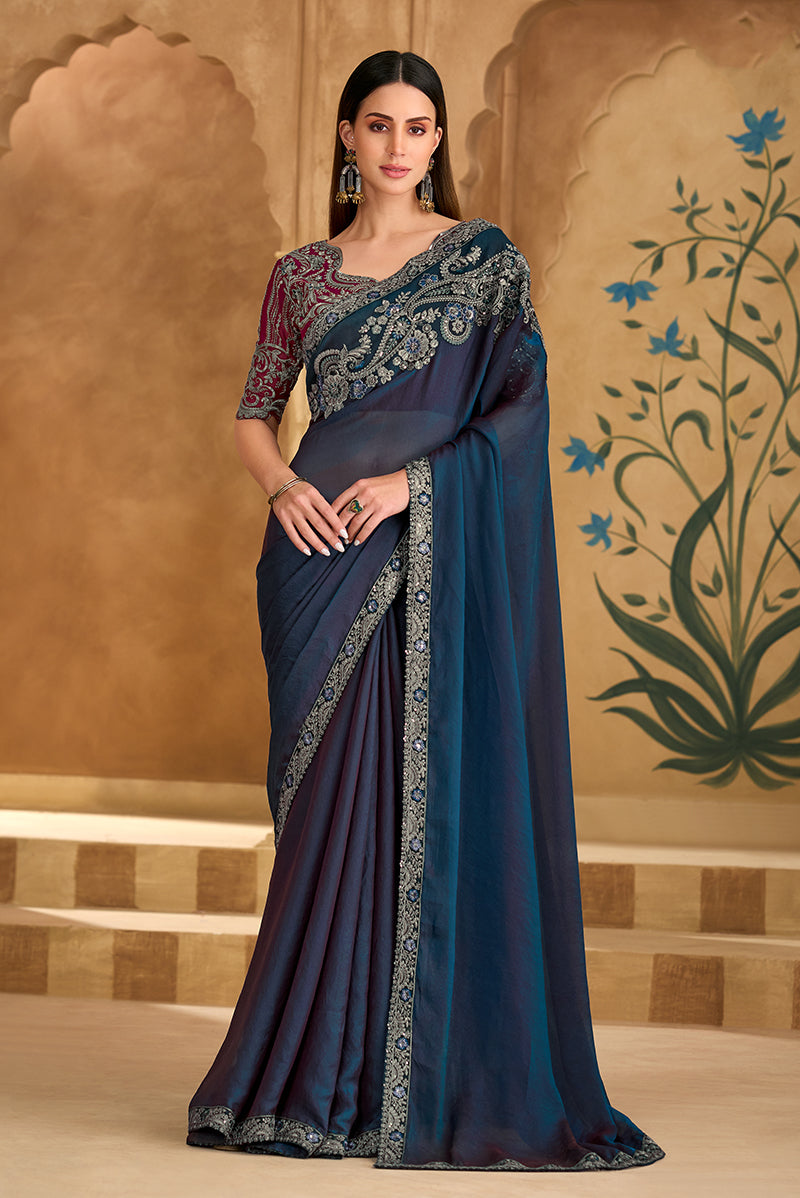 Monjolika Fashion Embroidered Faux Georgette Navy Blue Saree | Grocsy