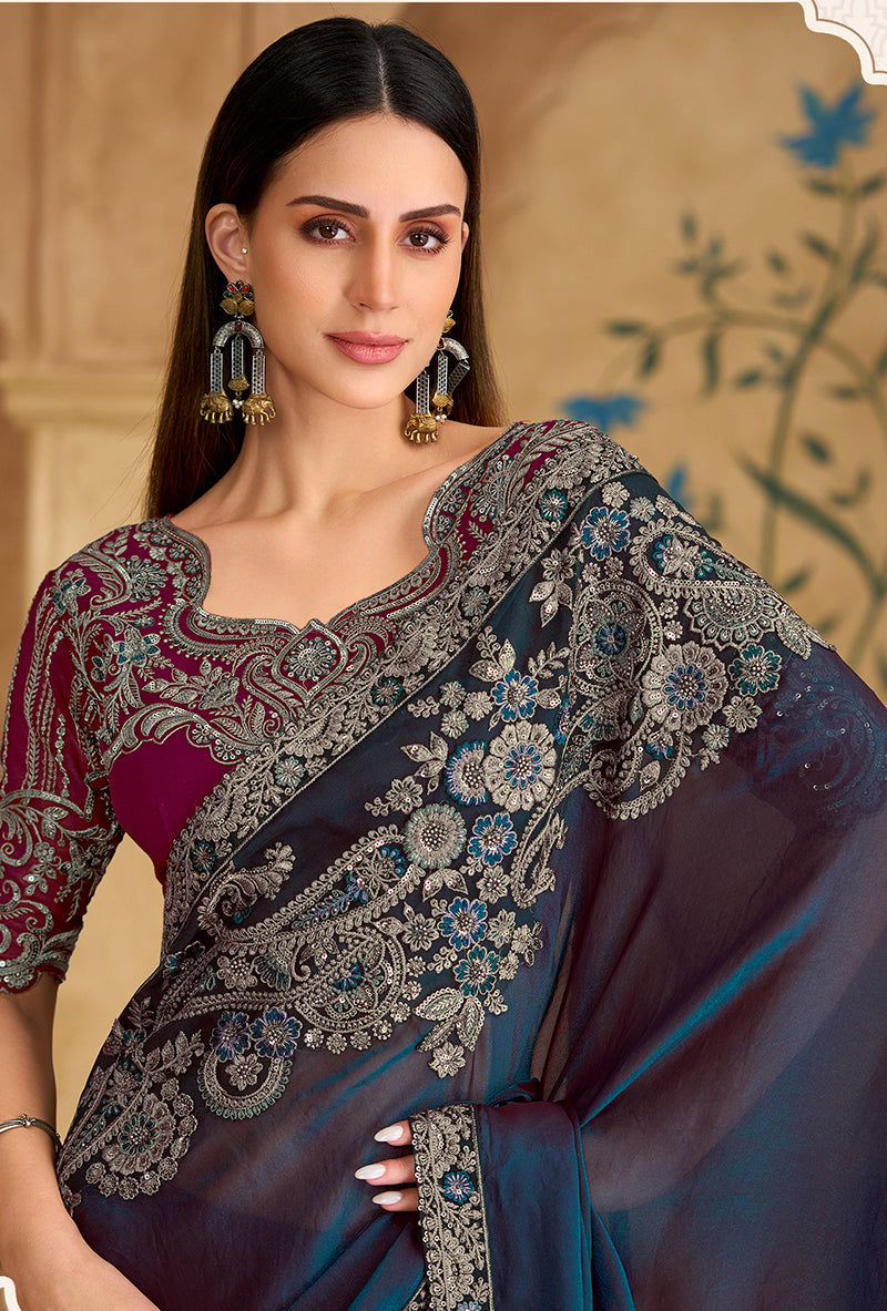 Monjolika Fashion Embroidered Faux Georgette Navy Blue Saree | Grocsy