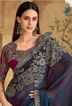 Monjolika Fashion Embroidered Faux Georgette Navy Blue Saree | Grocsy
