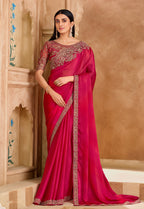 Monjolika Fashion Embroidered Faux Chiffon Satin Rani Pink Saree | Grocsy