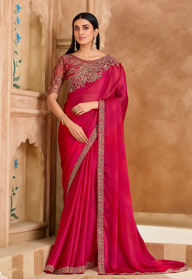 Monjolika Fashion Embroidered Faux Chiffon Satin Rani Pink Saree | Grocsy