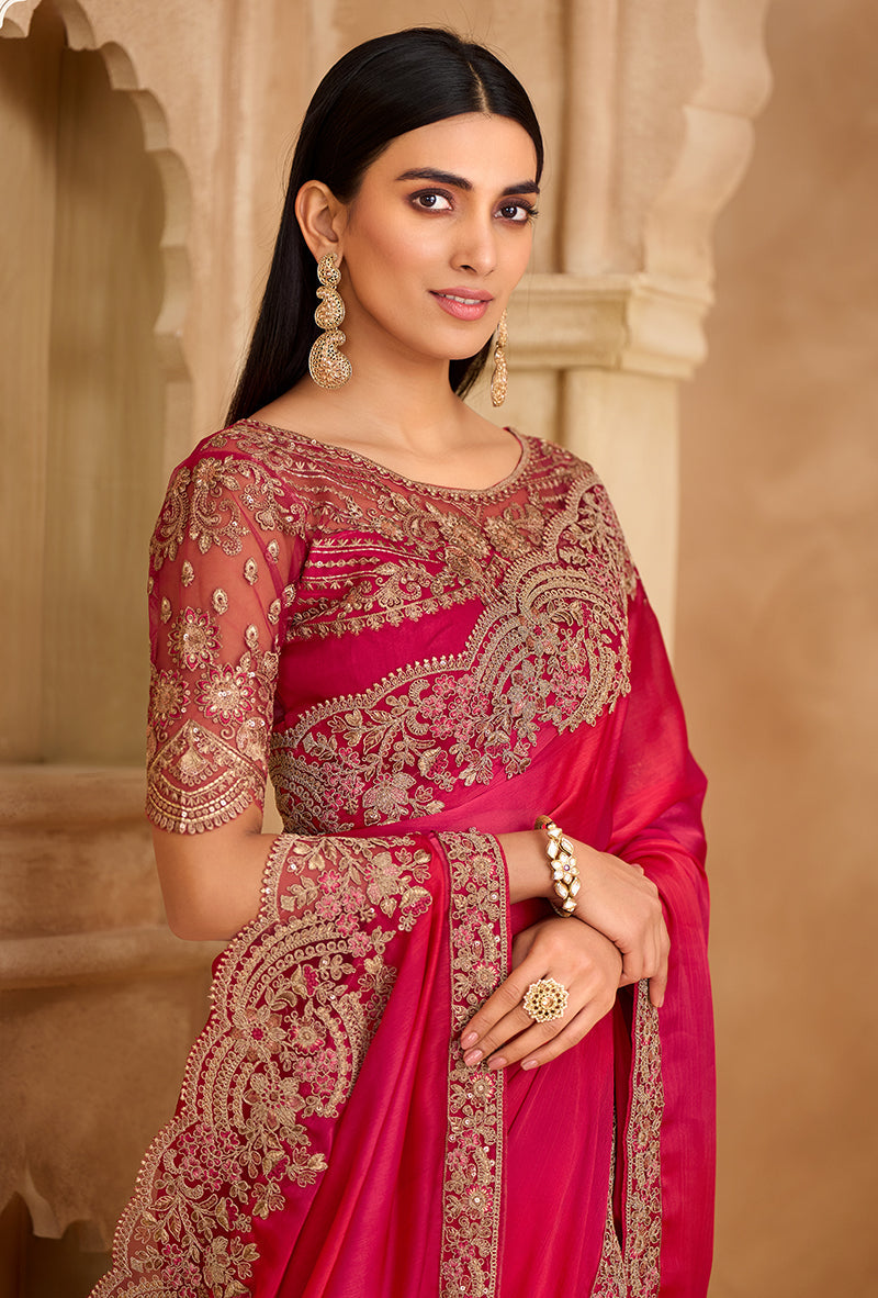 Monjolika Fashion Embroidered Faux Chiffon Satin Rani Pink Saree | Grocsy