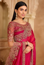 Monjolika Fashion Embroidered Faux Chiffon Satin Rani Pink Saree | Grocsy