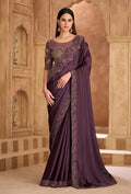 Monjolika Fashion Embroidered Faux Chiffon Satin Wine Saree | Grocsy