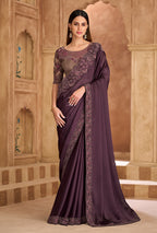 Monjolika Fashion Embroidered Faux Chiffon Satin Wine Saree | Grocsy