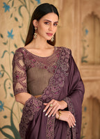 Monjolika Fashion Embroidered Faux Chiffon Satin Wine Saree | Grocsy
