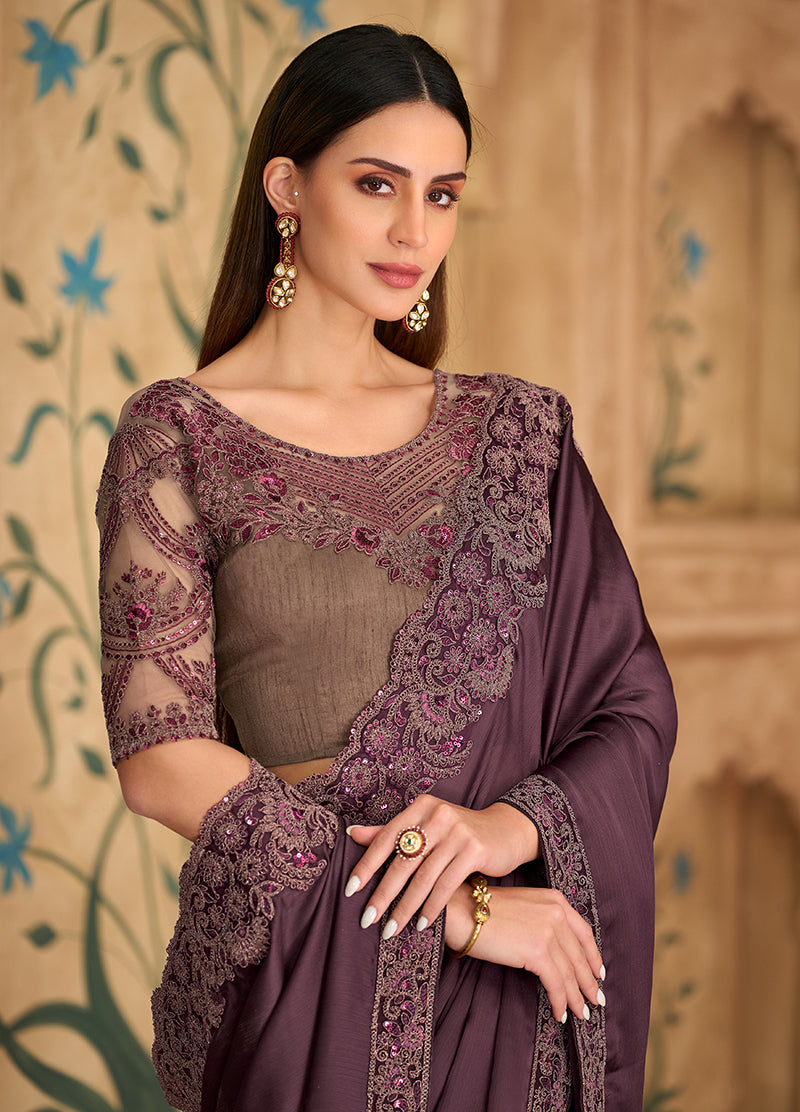 Monjolika Fashion Embroidered Faux Chiffon Satin Wine Saree | Grocsy