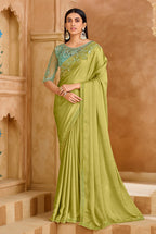 Monjolika Fashion Embroidered Faux Chiffon Satin Light Green Saree | Grocsy