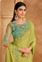Monjolika Fashion Embroidered Faux Chiffon Satin Light Green Saree | Grocsy