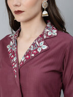 Aks Notched Lapel Collar Thread Work A-Line Kurta | Grocsy