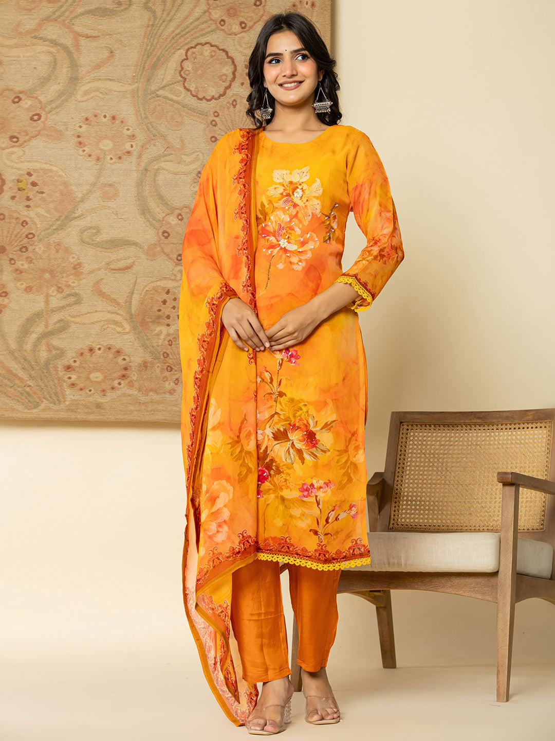 Yufta Pure Oragnza Kurta Set With Pant And Organza Dupatta Comes With Cotton Lining And Intricate Handwork | Grocsy