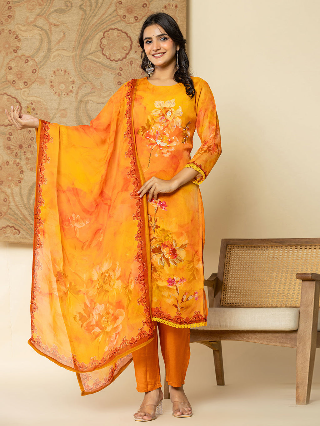 Yufta Pure Oragnza Kurta Set With Pant And Organza Dupatta Comes With Cotton Lining And Intricate Handwork | Grocsy