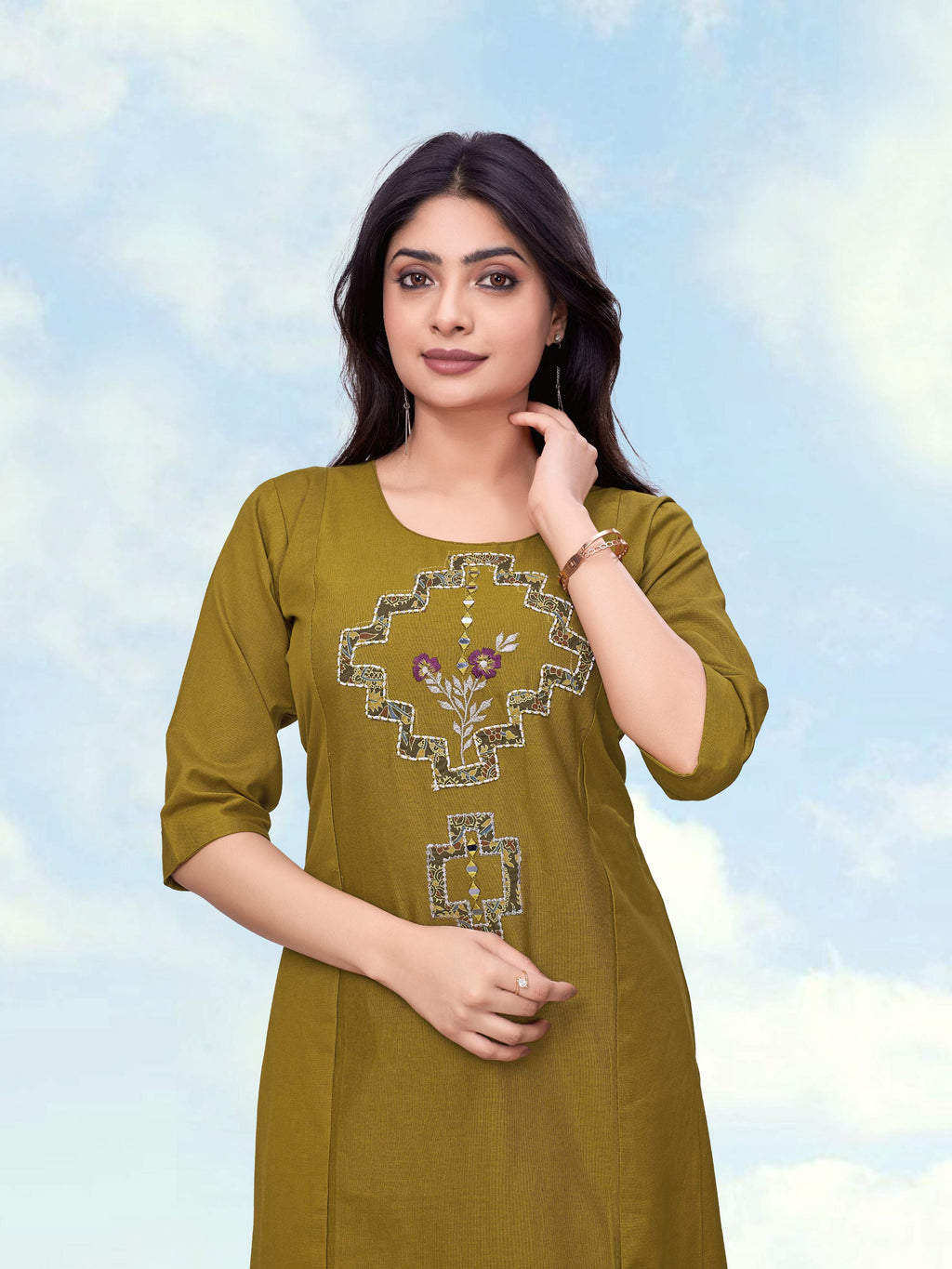 Monjolika Fashion Olive Green Cotton Flex Casual Regular Fit Kurti With Pant | Grocsy