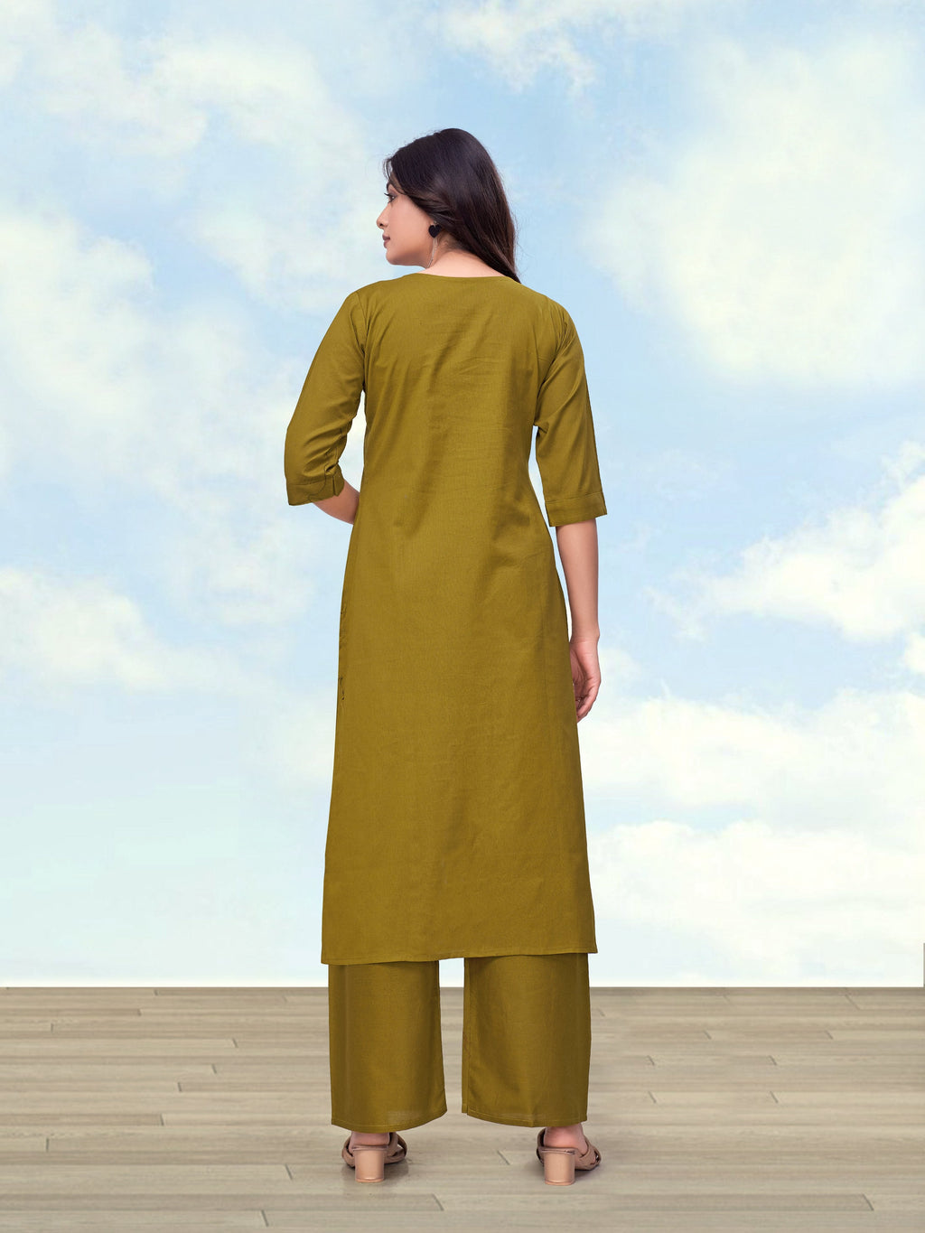Monjolika Fashion Olive Green Cotton Flex Casual Regular Fit Kurti With Pant | Grocsy