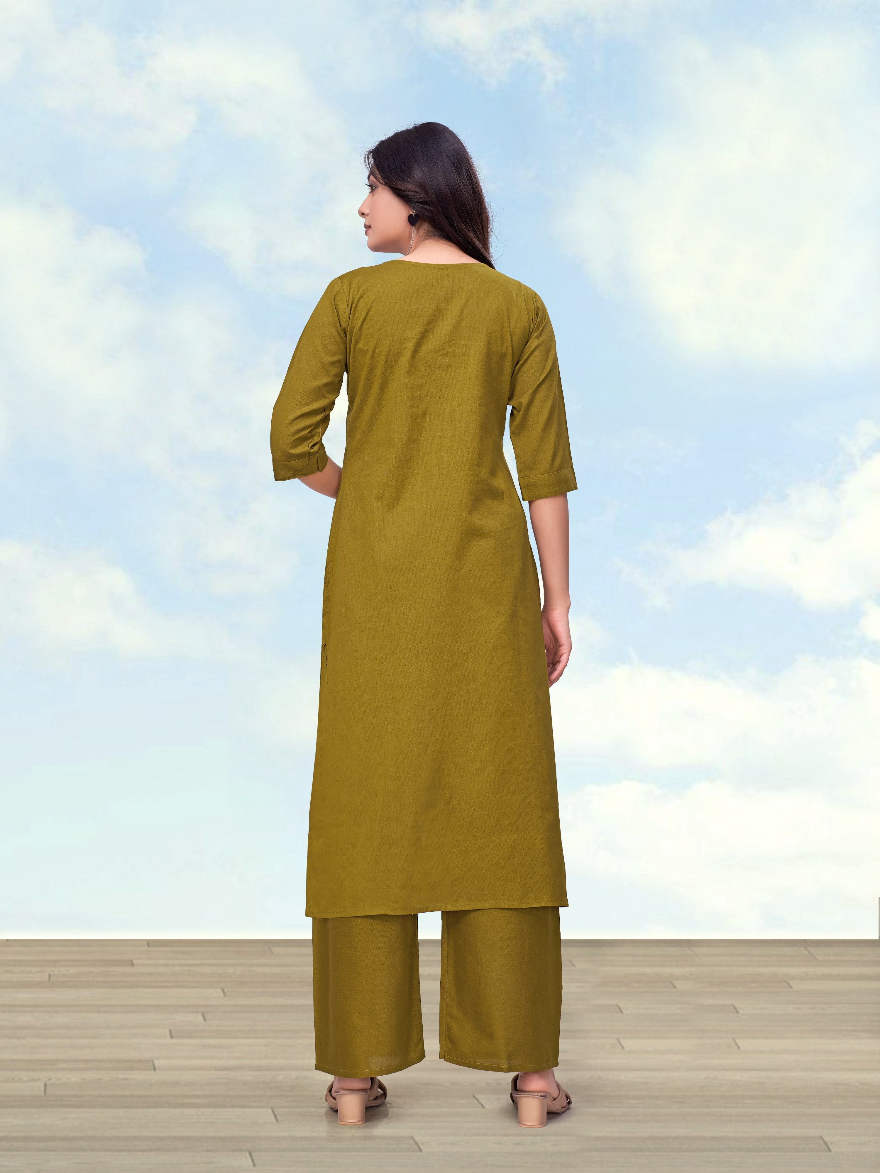 Monjolika Fashion Olive Green Cotton Flex Casual Regular Fit Kurti With Pant | Grocsy