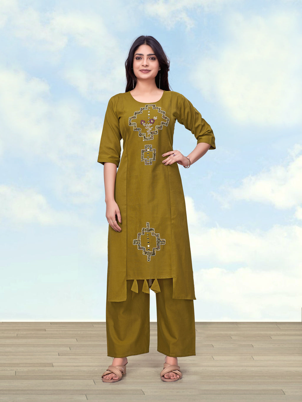 Monjolika Fashion Olive Green Cotton Flex Casual Regular Fit Kurti With Pant | Grocsy