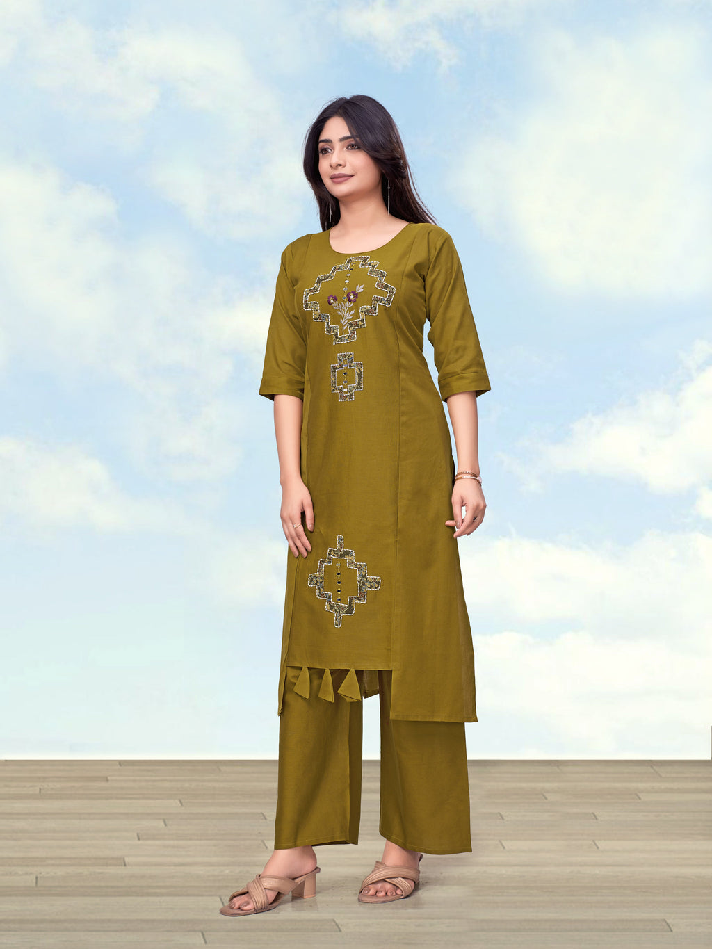 Monjolika Fashion Olive Green Cotton Flex Casual Regular Fit Kurti With Pant | Grocsy